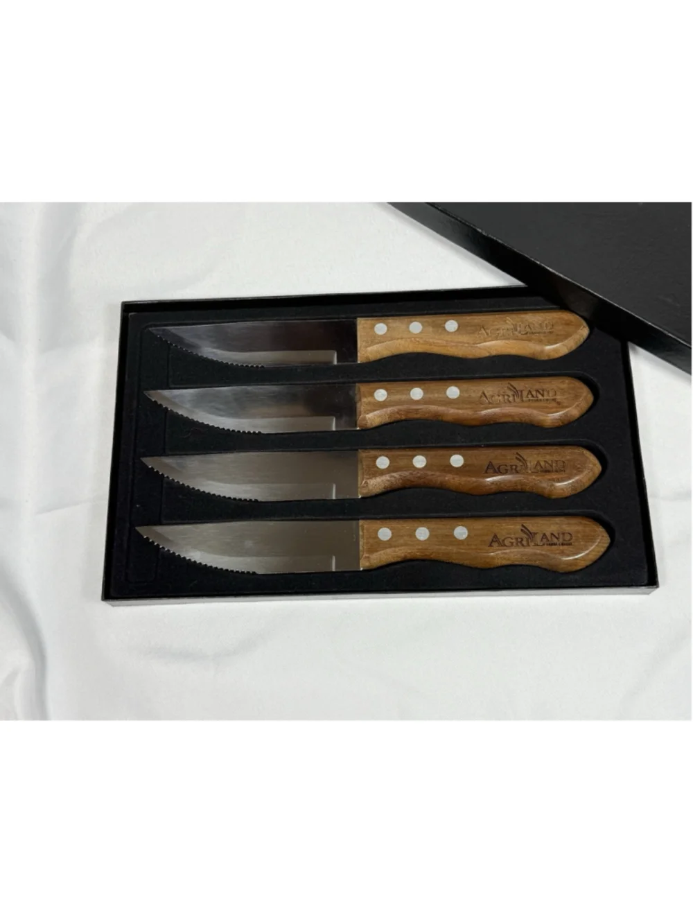 Agriland Farm Credit 4 Pc Steak Knife Set Wood Handles Serrated Blades Box Promo